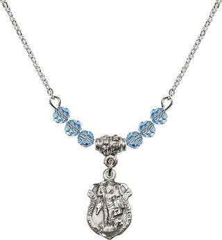18" Rhodium Plated Necklace with 4mm Aqua Crystal Beads featuring a Sterling Silver Saint Michael the Archangel Medal. Engraved Catholic Saint Jewelry