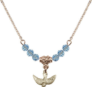 18" Hamilton Gold Plated Necklace with 4mm Aqua Crystal Beads featuring a 14kt Gold Filled Holy Spirit Medal.