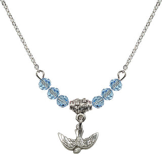 18" Rhodium Plated Necklace with 4mm Aqua Crystal Beads featuring a Sterling Silver Holy Spirit Medal.