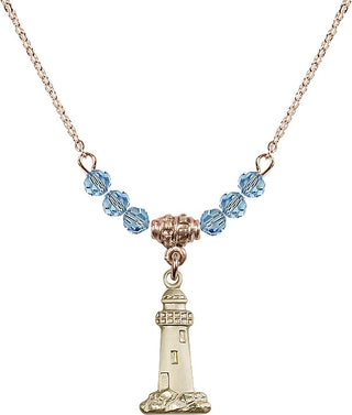 18" Hamilton Gold Plated Necklace with 4mm Aqua Crystal Beads featuring a 14kt Gold Filled Lighthouse Medal.