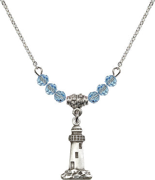 18" Rhodium Plated Necklace with 4mm Aqua Crystal Beads featuring a Sterling Silver Lighthouse Medal.