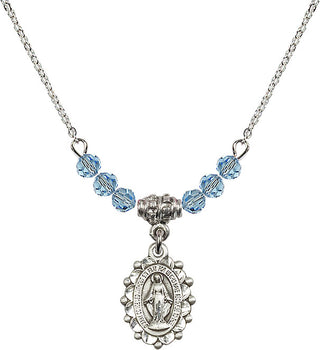 18" Rhodium Plated Necklace with 4mm Aqua Crystal Beads featuring a Sterling Silver Miraculous Medal.