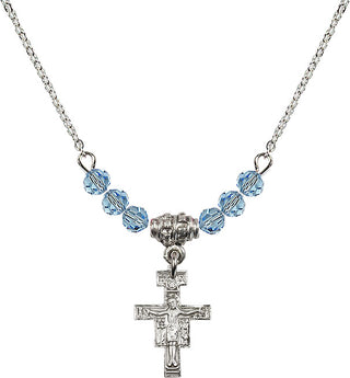 18" Rhodium Plated Necklace with 4mm Aqua Crystal Beads featuring a Sterling Silver San Damiano Crucifix Medal.