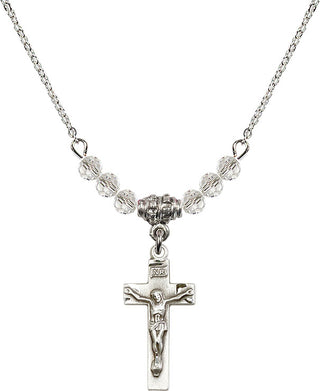 18" Rhodium Plated Necklace with 4mm Crystal Beads featuring a Sterling Silver Crucifix Medal.