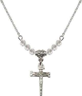 18" Rhodium Plated Necklace with 4mm Crystal Beads featuring a Sterling Silver Nail Crucifix Medal.