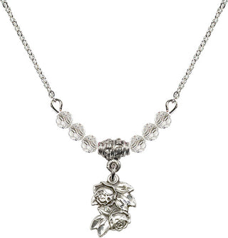 18" Rhodium Plated Necklace with 4mm Crystal Beads featuring a Sterling Silver Rose Medal.