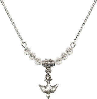 18" Rhodium Plated Necklace with 4mm Crystal Beads featuring a Sterling Silver Holy Spirit Medal.