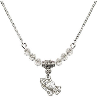 18" Rhodium Plated Necklace with 4mm Crystal Beads featuring a Sterling Silver Praying Hands Medal.