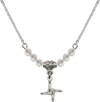 18" Rhodium Plated Necklace with 4mm Crystal Beads featuring a Sterling Silver Saint Brigid Cross Medal.