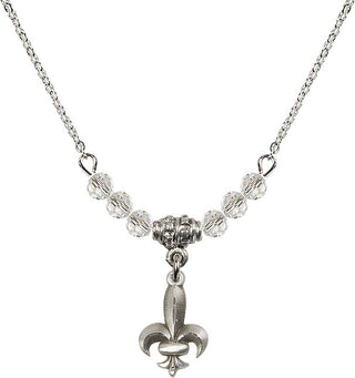 18" Rhodium Plated Necklace with 4mm Crystal Beads featuring a Sterling Silver Fleur de Lis Medal.