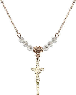 18" Hamilton Gold Plated Necklace with 4mm Crystal Beads featuring a 14kt Gold Filled Papal Crucifix Medal.
