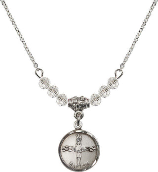 18" Rhodium Plated Necklace with 4mm Crystal Beads featuring a Sterling Silver Baptism Medal. Engraved Catholic Saint Jewelry