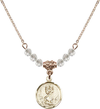18" Hamilton Gold Plated Necklace with 4mm Crystal Beads featuring a 14kt Gold Filled Saint Christopher Medal. Engraved Catholic Saint Jewelry