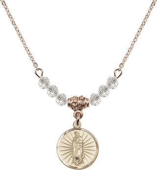 18" Hamilton Gold Plated Necklace with 4mm Crystal Beads featuring a 14kt Gold Filled Our Lady of Guadalupe Medal. Engraved Catholic Saint Jewelry