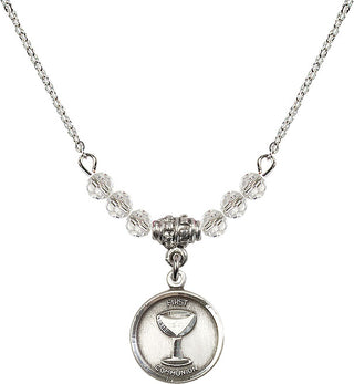 18" Rhodium Plated Necklace with 4mm Crystal Beads featuring a Sterling Silver Communion Medal. Engraved Catholic Saint Jewelry