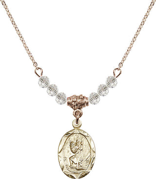 18" Hamilton Gold Plated Necklace with 4mm Crystal Beads featuring a 14kt Gold Filled Saint Christopher Medal. Engraved Catholic Saint Jewelry