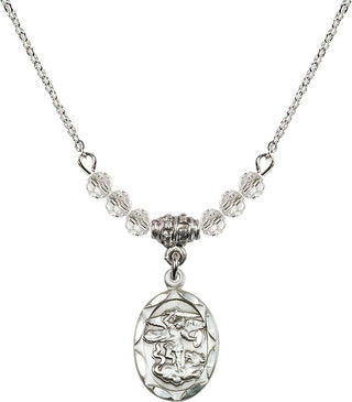 18" Rhodium Plated Necklace with 4mm Crystal Beads featuring a Sterling Silver Saint Michael the Archangel Medal.