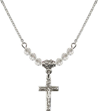 18" Rhodium Plated Necklace with 4mm Crystal Beads featuring a Sterling Silver Crucifix Medal.