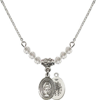 18" Rhodium Plated Necklace with 4mm Crystal Beads featuring a Sterling Silver Miraculous Medal.