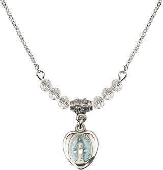 18" Rhodium Plated Necklace with 4mm Crystal Beads featuring a Sterling Silver Miraculous Medal.