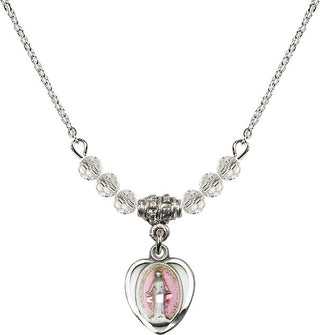 18" Rhodium Plated Necklace with 4mm Crystal Beads featuring a Sterling Silver Miraculous Medal.
