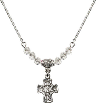 18" Rhodium Plated Necklace with 4mm Crystal Beads featuring a Sterling Silver 5-Way / Chalice Medal.