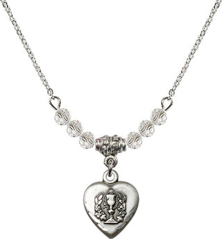18" Rhodium Plated Necklace with 4mm Crystal Beads featuring a Sterling Silver Heart / Communion Medal.