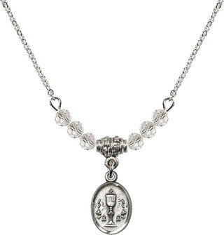 18" Rhodium Plated Necklace with 4mm Crystal Beads featuring a Sterling Silver Chalice Medal.