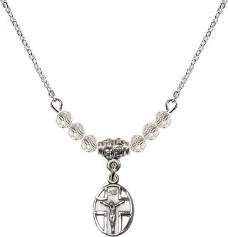 18" Rhodium Plated Necklace with 4mm Crystal Beads featuring a Sterling Silver Crucifix Medal.