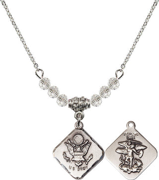 18" Rhodium Plated Necklace with 4mm Crystal Beads featuring a Sterling Silver Army Diamond Medal.