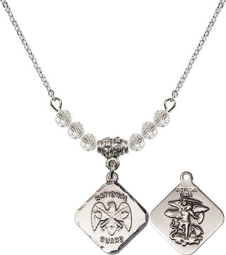 18" Rhodium Plated Necklace with 4mm Crystal Beads featuring a Sterling Silver Nat'l Guard Diamond Medal.