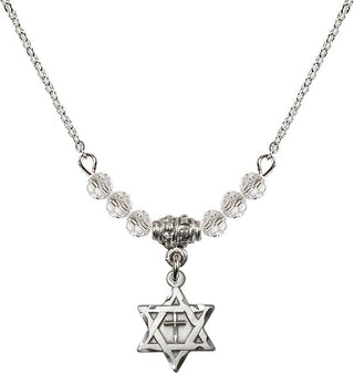 18" Rhodium Plated Necklace with 4mm Crystal Beads featuring a Sterling Silver Star of David with Cross Medal.