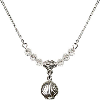 18" Rhodium Plated Necklace with 4mm Crystal Beads featuring a Sterling Silver Shell Medal.