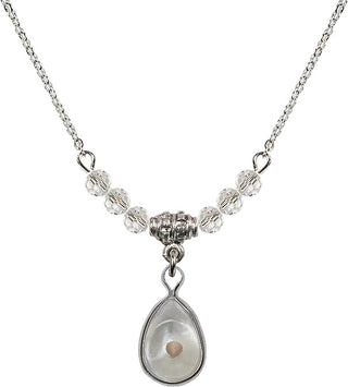 18" Rhodium Plated Necklace with 4mm Crystal Beads featuring a Sterling Silver Mustard Seed Medal.