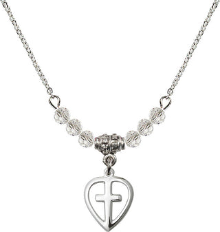 18" Rhodium Plated Necklace with 4mm Crystal Beads featuring a Sterling Silver Heart / Cross Medal.
