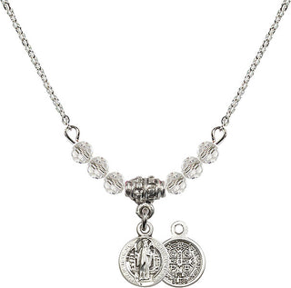 18" Rhodium Plated Necklace with 4mm Crystal Beads featuring a Sterling Silver Saint Benedict Medal.