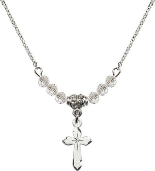 18" Rhodium Plated Necklace with 4mm Crystal Beads featuring a Sterling Silver Cross Medal.