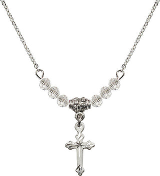18" Rhodium Plated Necklace with 4mm Crystal Beads featuring a Sterling Silver Cross Medal.