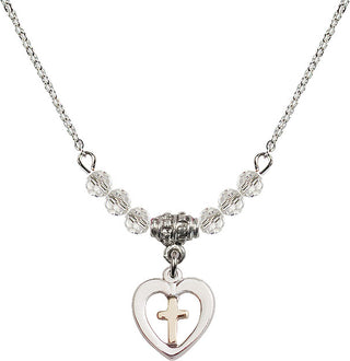 18" Rhodium Plated Necklace with 4mm Crystal Beads featuring a Gold Filled / Sterling Silver Heart / Cross Medal.