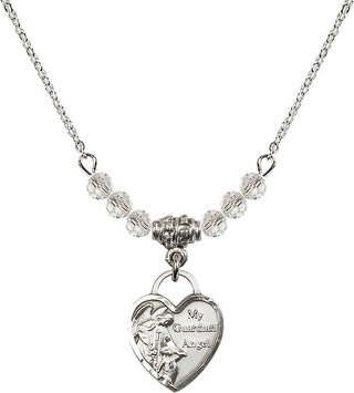 18" Rhodium Plated Necklace with 4mm Crystal Beads featuring a Sterling Silver Guardian Angel Heart Medal. Engraved Catholic Saint Jewelry