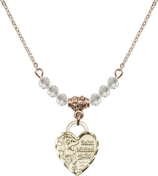 18" Hamilton Gold Plated Necklace with 4mm Crystal Beads featuring a 14kt Gold Filled Saint Michael Heart Medal. Engraved Catholic Saint Jewelry