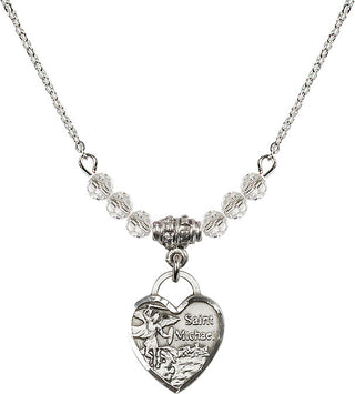 18" Rhodium Plated Necklace with 4mm Crystal Beads featuring a Sterling Silver Saint Michael Heart Medal. Engraved Catholic Saint Jewelry