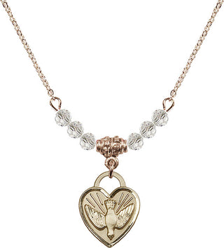 18" Hamilton Gold Plated Necklace with 4mm Crystal Beads featuring a 14kt Gold Filled Confirmation Heart Medal. Engraved Catholic Saint Jewelry