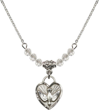 18" Rhodium Plated Necklace with 4mm Crystal Beads featuring a Sterling Silver Confirmation Heart Medal. Engraved Catholic Saint Jewelry