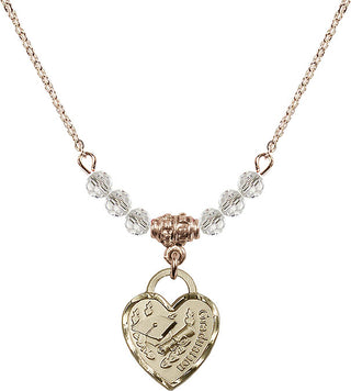 18" Hamilton Gold Plated Necklace with 4mm Crystal Beads featuring a 14kt Gold Filled Graduation Heart Medal. Engraved Catholic Saint Jewelry
