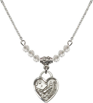 18" Rhodium Plated Necklace with 4mm Crystal Beads featuring a Sterling Silver Graduation Heart Medal. Engraved Catholic Saint Jewelry
