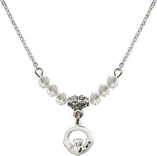 18" Rhodium Plated Necklace with 4mm Crystal Beads featuring a Sterling Silver Claddagh Medal.