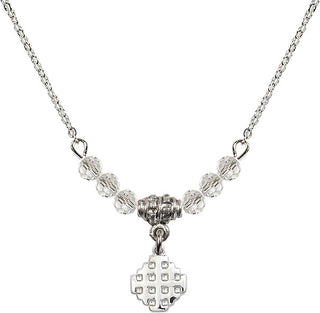 18" Rhodium Plated Necklace with 4mm Crystal Beads featuring a Sterling Silver Jerusalem Cross Medal.