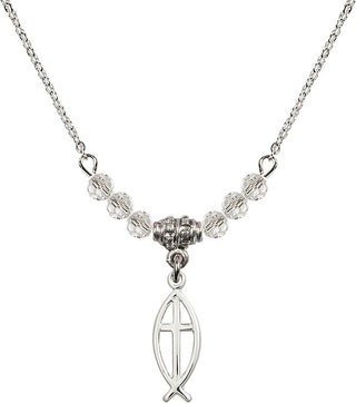 18" Rhodium Plated Necklace with 4mm Crystal Beads featuring a Sterling Silver Fish / Cross Medal.