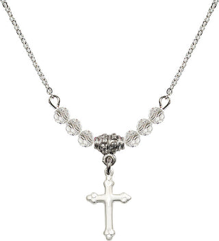 18" Rhodium Plated Necklace with 4mm Crystal Beads featuring a Sterling Silver Cross Medal.